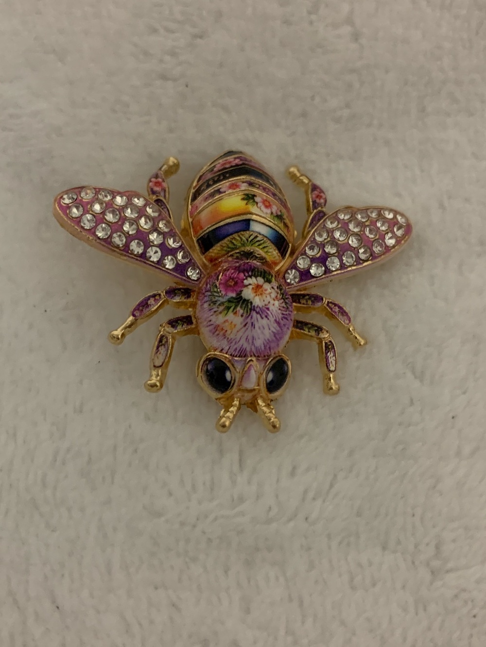 Floral Enamel Bee Brooch with Pink Crystals